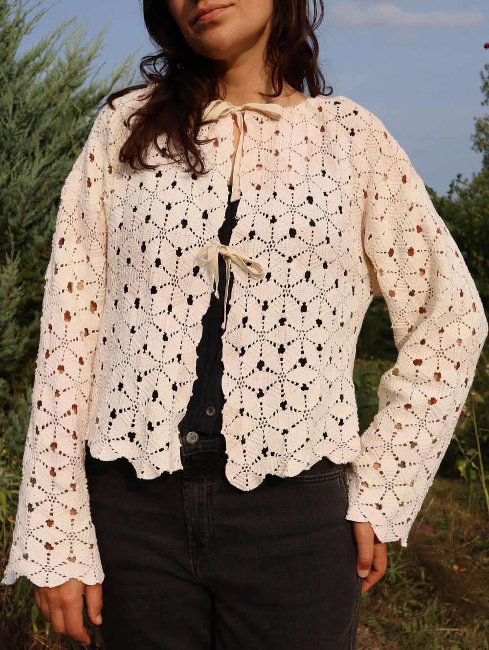 Upcycled Vintage Crochet Tablecloth Tie-Front  Sweater Cardigan - Cream L • XL